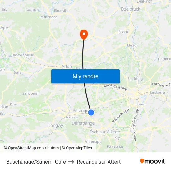 Bascharage/Sanem, Gare to Redange sur Attert map