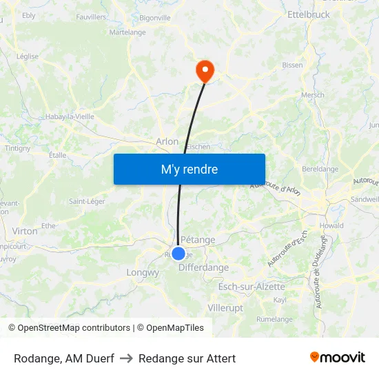 Rodange, AM Duerf to Redange sur Attert map