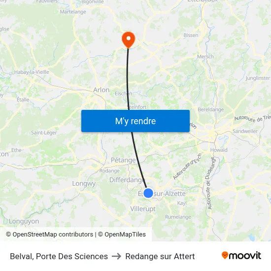 Belval, Porte Des Sciences to Redange sur Attert map