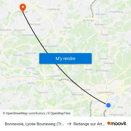 Bonnevoie, Lycée Bouneweg (Tram) to Redange sur Attert map