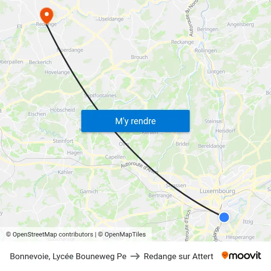 Bonnevoie, Lycée Bouneweg Pe to Redange sur Attert map