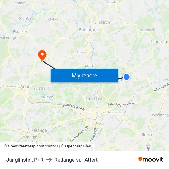 Junglinster, P+R to Redange sur Attert map