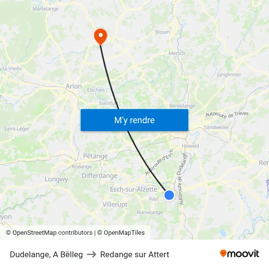 Dudelange, A Bëlleg to Redange sur Attert map