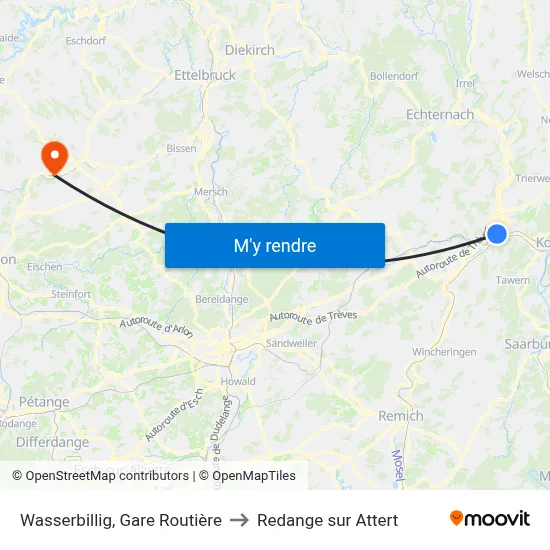 Wasserbillig, Gare Routière to Redange sur Attert map