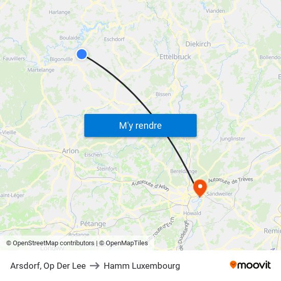 Arsdorf, Op Der Lee to Hamm Luxembourg map