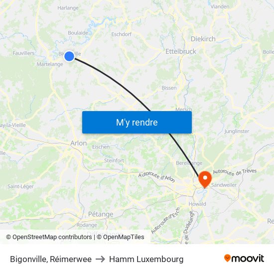 Bigonville, Réimerwee to Hamm Luxembourg map