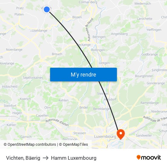 Vichten, Bäerig to Hamm Luxembourg map