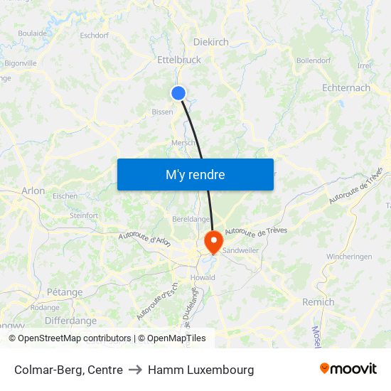 Colmar-Berg, Centre to Hamm Luxembourg map