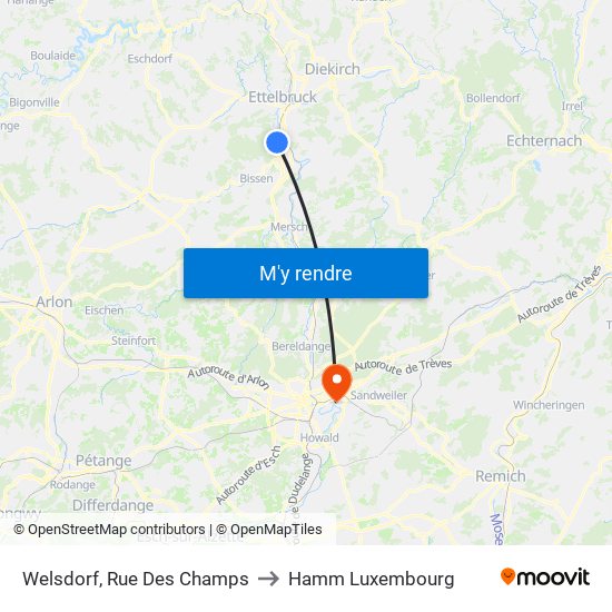 Welsdorf, Rue Des Champs to Hamm Luxembourg map