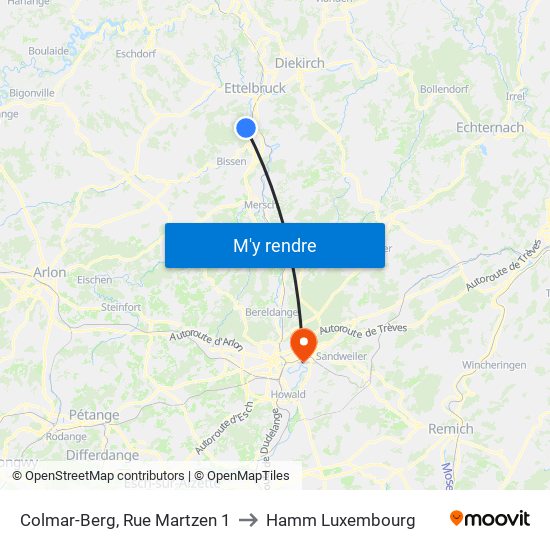 Colmar-Berg, Rue Martzen 1 to Hamm Luxembourg map