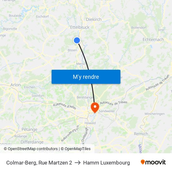 Colmar-Berg, Rue Martzen 2 to Hamm Luxembourg map