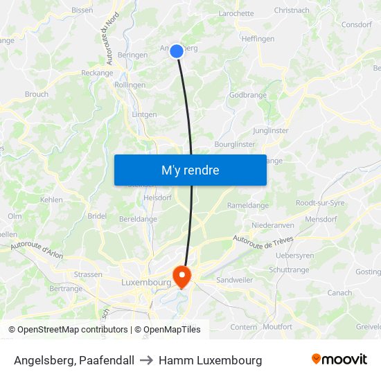 Angelsberg, Paafendall to Hamm Luxembourg map