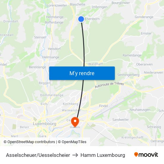 Asselscheuer/Uesselscheier to Hamm Luxembourg map