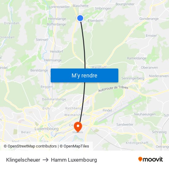 Klingelscheuer to Hamm Luxembourg map