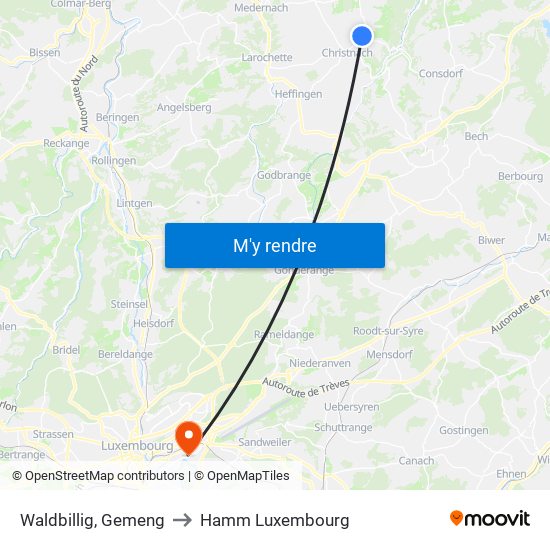 Waldbillig, Gemeng to Hamm Luxembourg map