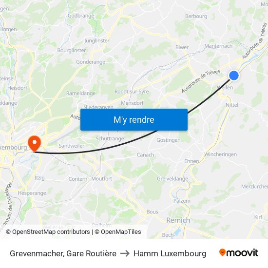 Grevenmacher, Gare Routière to Hamm Luxembourg map