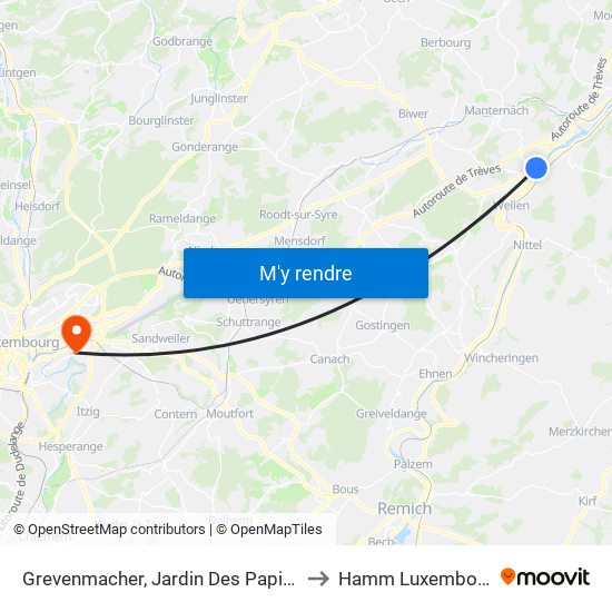 Grevenmacher, Jardin Des Papillons to Hamm Luxembourg map