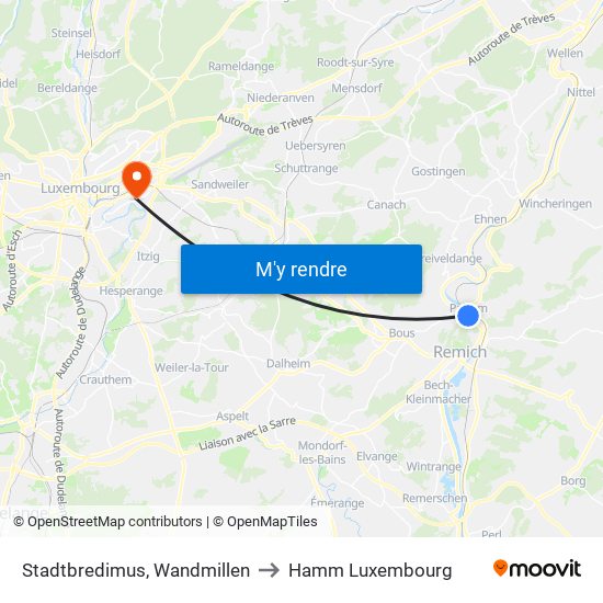 Stadtbredimus, Wandmillen to Hamm Luxembourg map