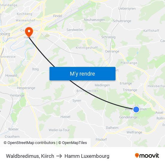Waldbredimus, Kiirch to Hamm Luxembourg map
