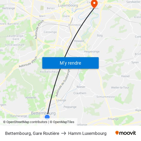 Bettembourg, Gare Routière to Hamm Luxembourg map