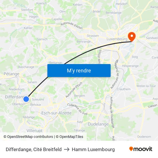 Differdange, Cité Breitfeld to Hamm Luxembourg map