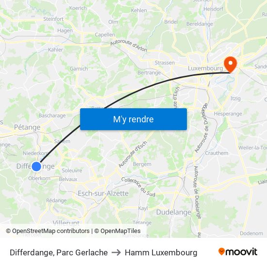 Differdange, Parc Gerlache to Hamm Luxembourg map