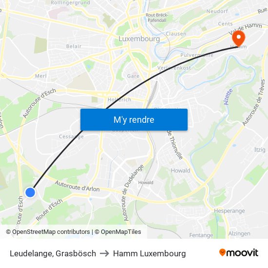 Leudelange, Grasbösch to Hamm Luxembourg map
