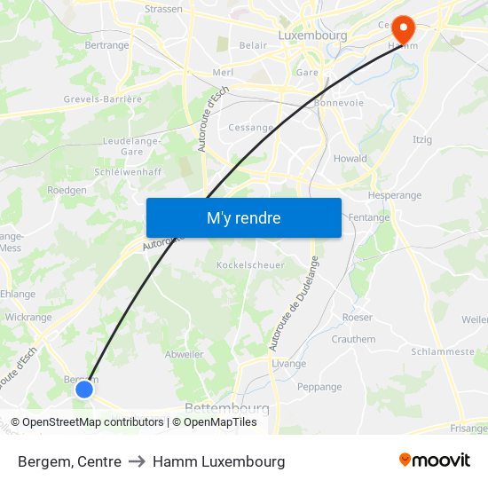 Bergem, Centre to Hamm Luxembourg map
