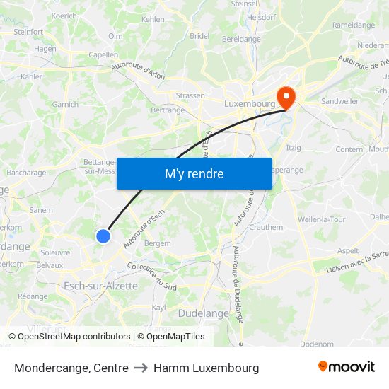 Mondercange, Centre to Hamm Luxembourg map