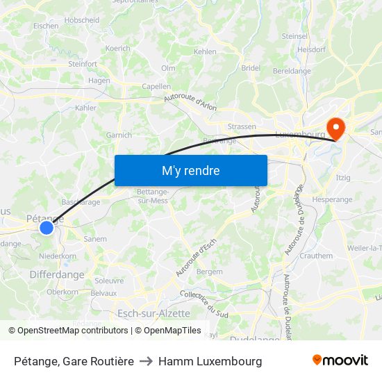 Pétange, Gare Routière to Hamm Luxembourg map