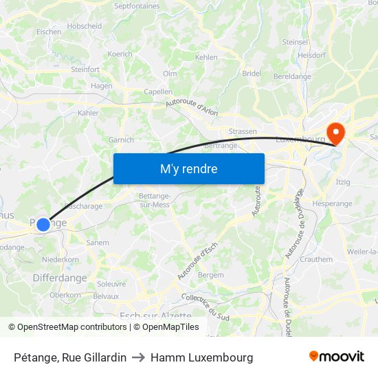 Pétange, Rue Gillardin to Hamm Luxembourg map