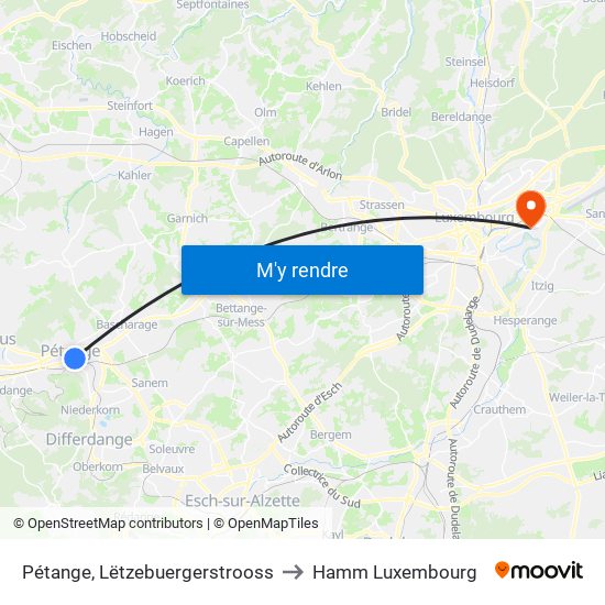 Pétange, Lëtzebuergerstrooss to Hamm Luxembourg map