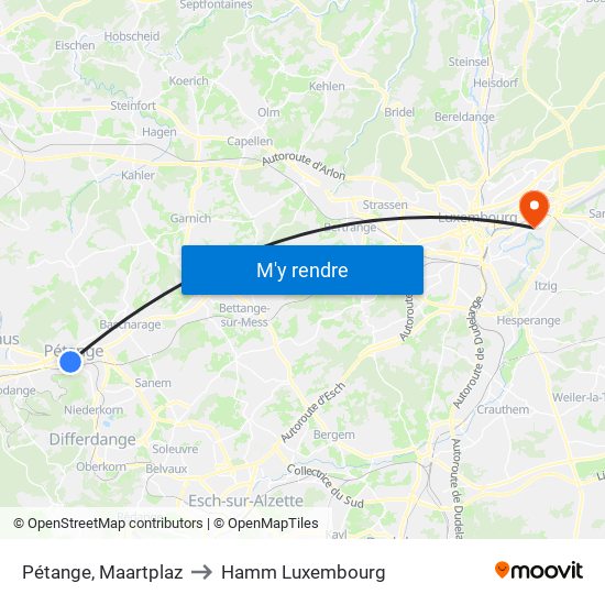 Pétange, Maartplaz to Hamm Luxembourg map