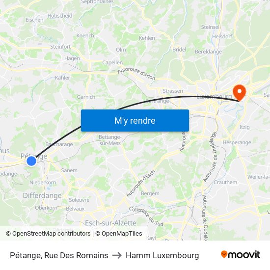 Pétange, Rue Des Romains to Hamm Luxembourg map
