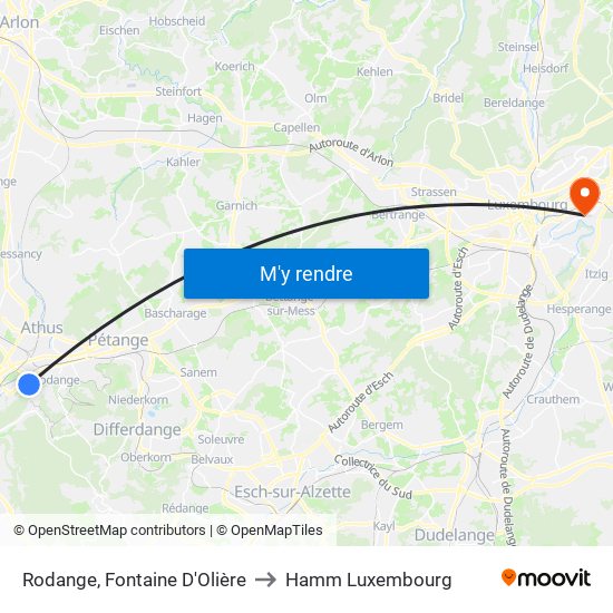 Rodange, Fontaine D'Olière to Hamm Luxembourg map