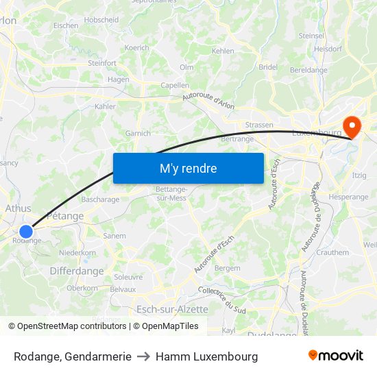 Rodange, Gendarmerie to Hamm Luxembourg map