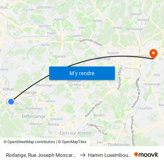 Rodange, Rue Joseph Moscardo to Hamm Luxembourg map