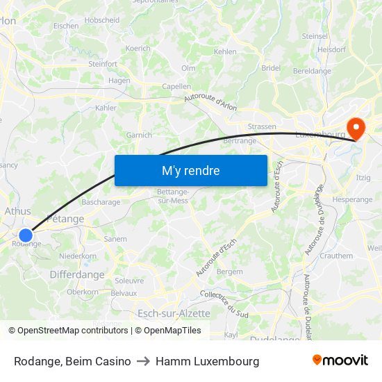 Rodange, Beim Casino to Hamm Luxembourg map