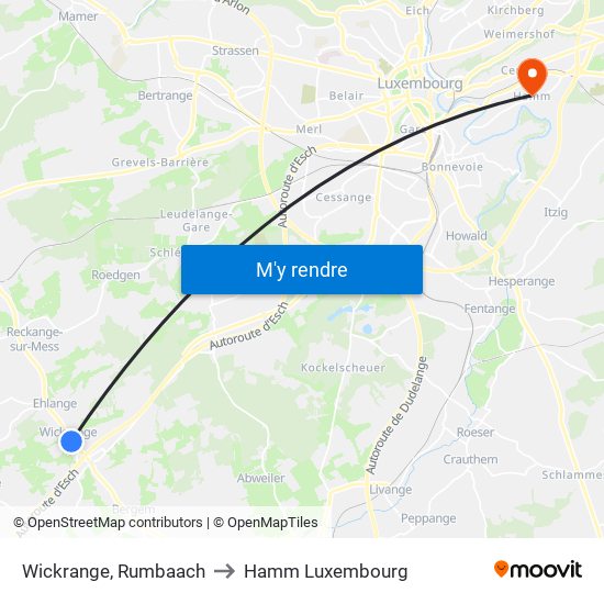 Wickrange, Rumbaach to Hamm Luxembourg map