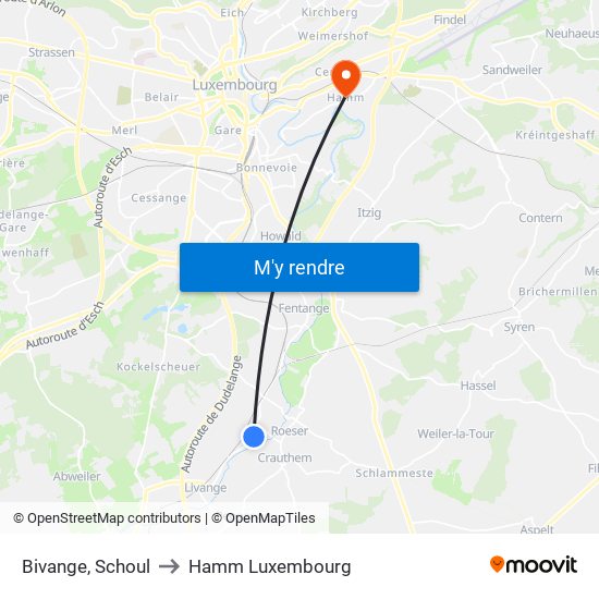 Bivange, Schoul to Hamm Luxembourg map