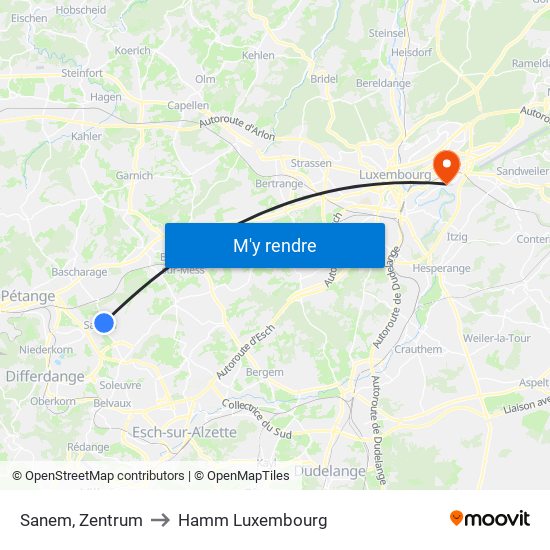 Sanem, Zentrum to Hamm Luxembourg map