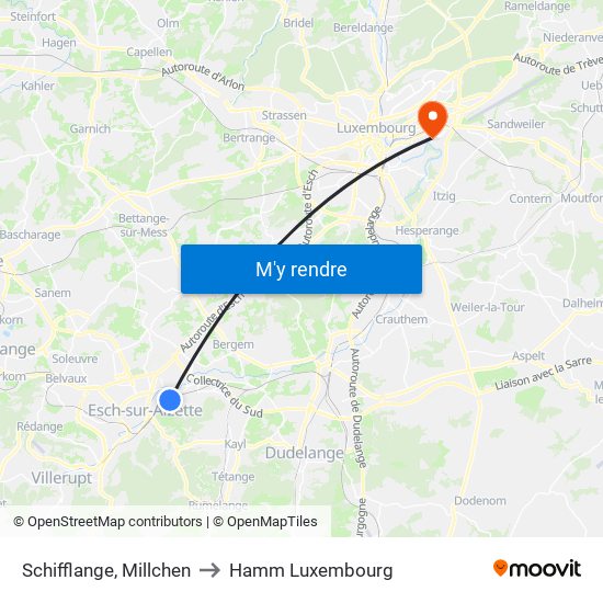 Schifflange, Millchen to Hamm Luxembourg map