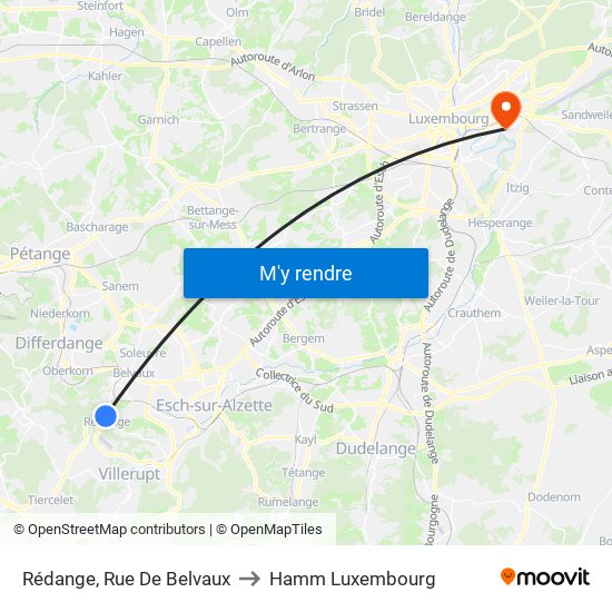 Rédange, Rue De Belvaux to Hamm Luxembourg map