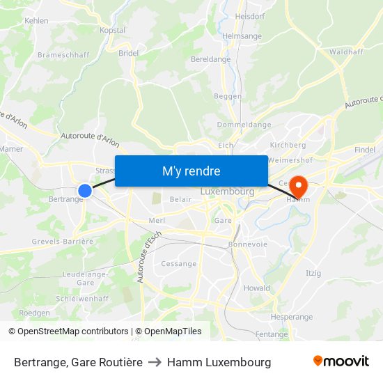 Bertrange, Gare Routière to Hamm Luxembourg map