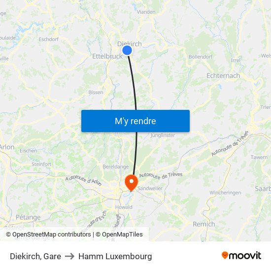 Diekirch, Gare to Hamm Luxembourg map