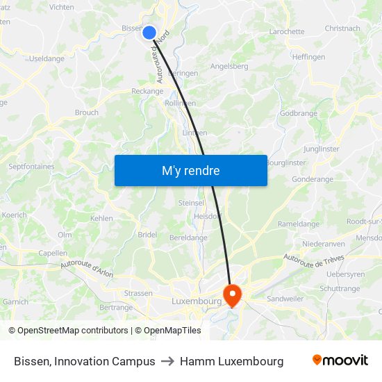 Bissen, Innovation Campus to Hamm Luxembourg map