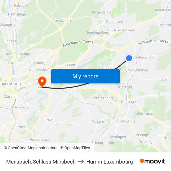 Munsbach, Schlass Minsbech to Hamm Luxembourg map