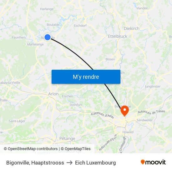 Bigonville, Haaptstrooss to Eich Luxembourg map