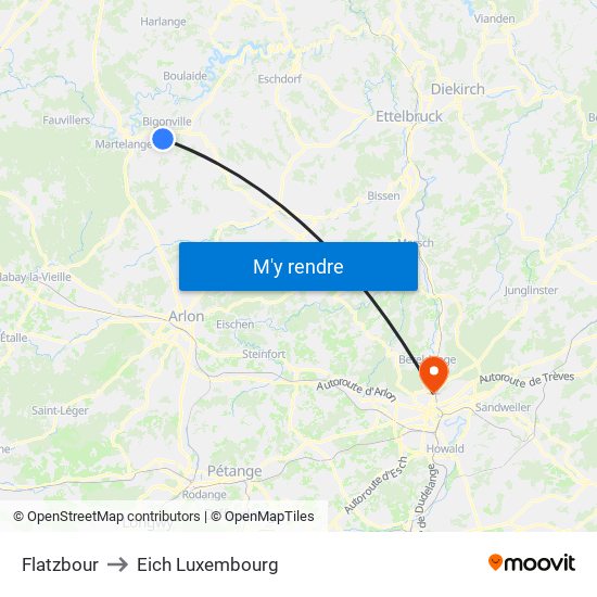 Flatzbour to Eich Luxembourg map