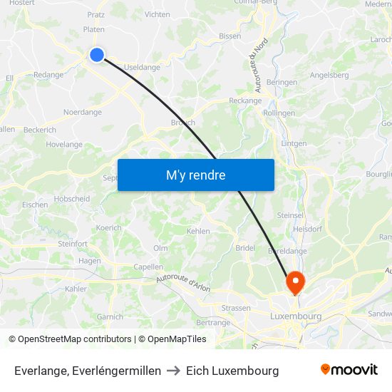 Everlange, Everléngermillen to Eich Luxembourg map